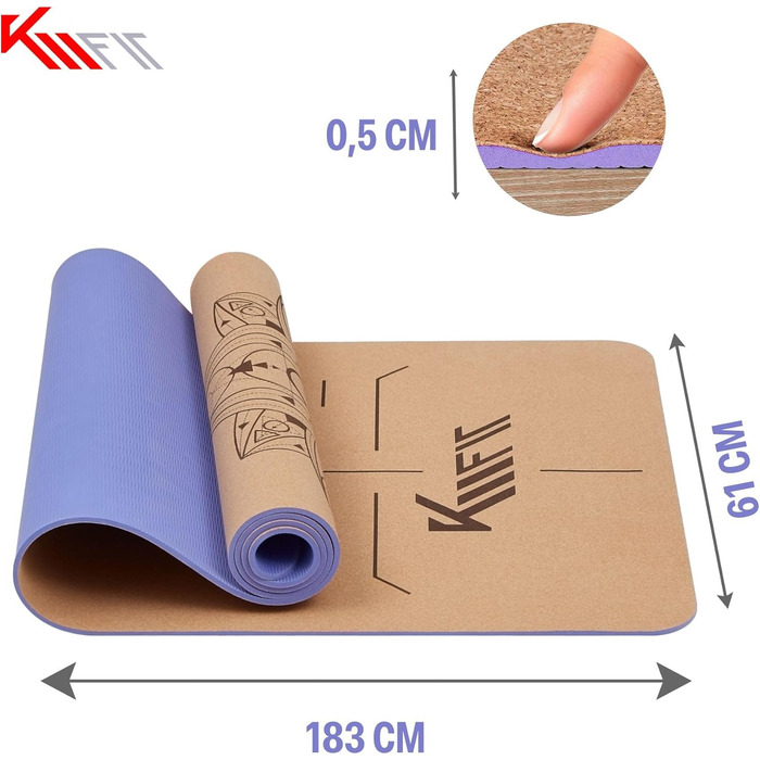 Йога-мат KM-Fit TPE з ременем, нековзка фітнес-мат для пілатесу, гімнастики та тренувань, з чохлом, йога-ременем і масажним м'ячем