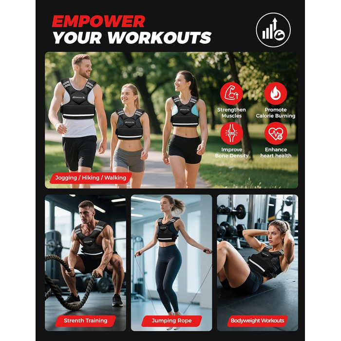 Вага для тренувань BAGAIL: регульована жилетка з відстібними вагами, 1.8-4.5 кг, чорна