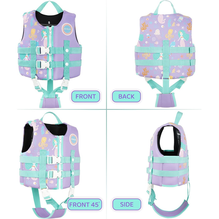 Дитячий жилет для плавання Boglia Kinder, 1-9 років, регульований ремінь безпеки, фіолетовий, русалка