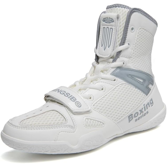 Боксерські та борцівські кросівки для чоловіків та жінок, дитячі, для залу, фітнесу, високі, з антиковзаючою підошвою, дихаючі (46 EU, Білий/Сірий)