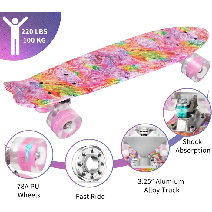 Скейтборд BELEEV 22 дюйми Mini Cruiser з LED-колесами та T-інструментом для початківців (графіті)