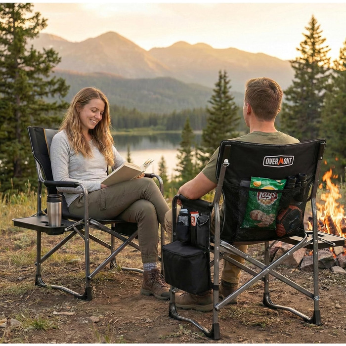 Крісло для кемпінгу OVERMONT: складне, з підспівателем та сумкою-холодильником - до 180 кг, чорне