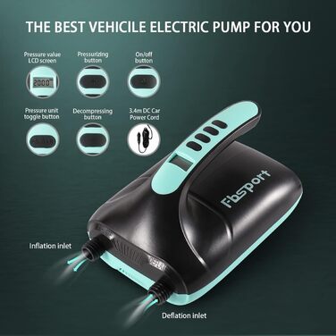 Електричний повітряний насос SUP 20 PSI, 12V DC з LCD дисплеєм для накачування та здуття дощок, каяків, матраців, наметів (Зелений)