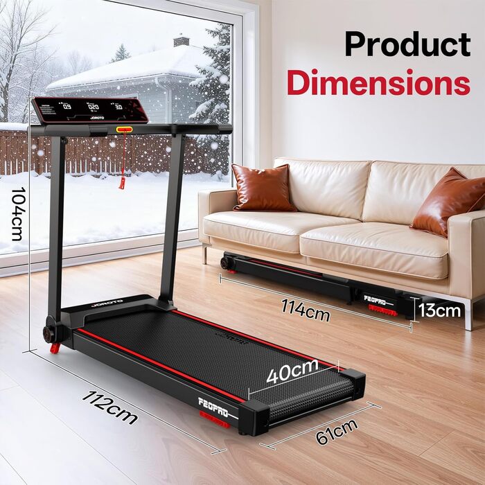 Біговий тренажер JOROTO з нахилом 10%, складаний, до 12 км/год, LED-дисплей, Bluetooth, 2.75 HP, для дому та офісу, до 130 кг