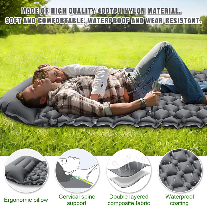 AQXONG Килимок для сну самонадувний, водонепроникний, з насосом та подушкою, ультралегкий, для кемпінгу, подорожей та відпочинку на природі - сірий