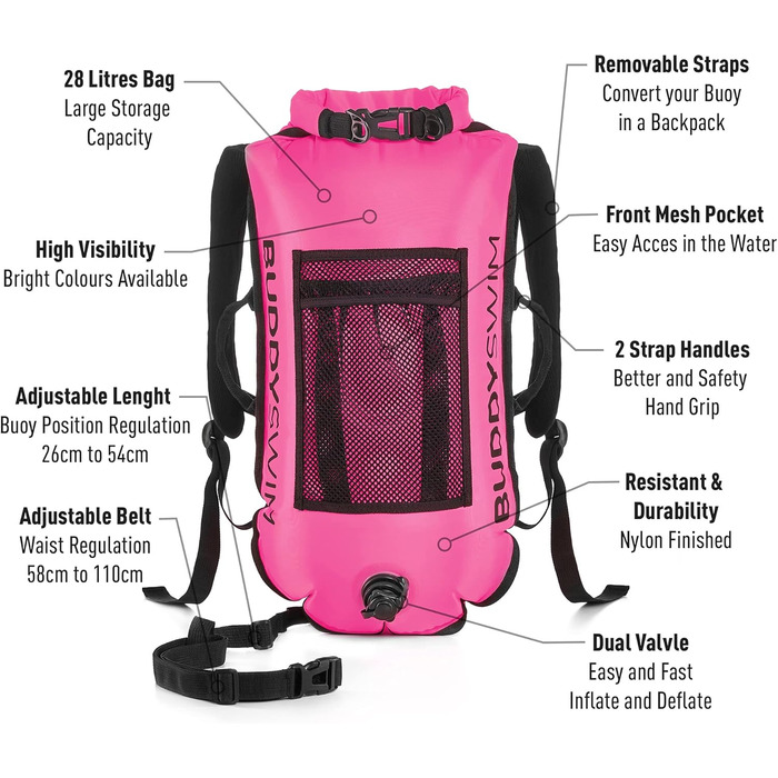 Плавальний жилет Open Water 28 л з водонепроникним мішком та знімним підкладкою для спини. Легкий, міцний, легко складається. Для дорослих, рожевий.
