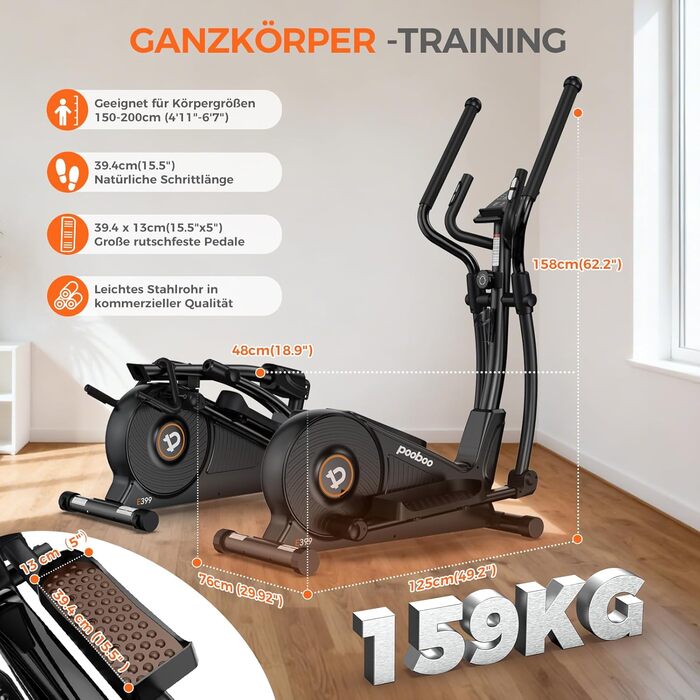 Еліптичний тренажер Pooboo 07-Basic Black з магнітною системою, LCD-монітором та кроком 15,5 дюймів. Витримує вагу до 158 кг, 16 рівнів навантаження.