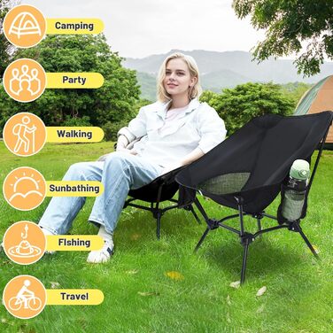 Складний туристичний стільчик для кемпінгу, Ultraleicht, регульована висота, з кишенями, компактний, для пікніків, риболовлі, саду, походів, спорту, відпочинку на природі, чорний