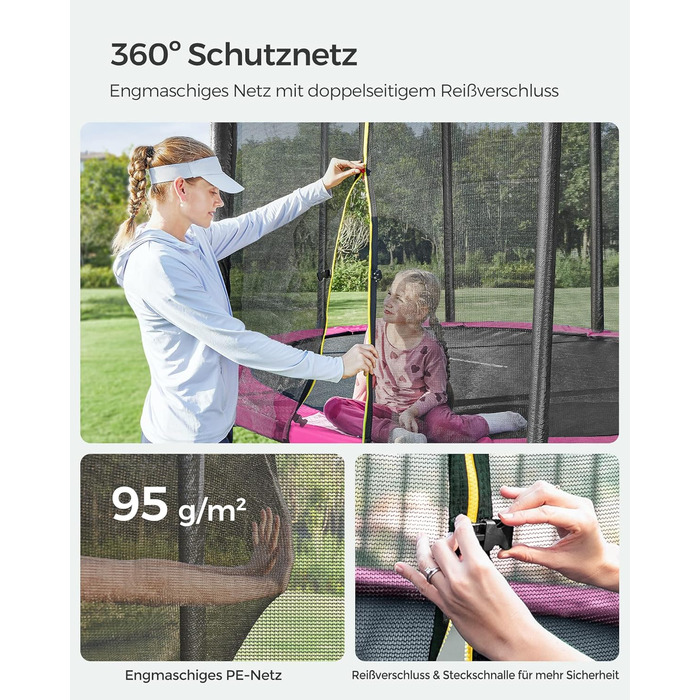 Трамплін SONGMICS Outdoor Ø 183/244/305/366/427 см, круглий, для саду, дитячий з захисним покриттям, з сіткою безпеки, з драбиною та м'якими стійками (305 см, Рожевий)