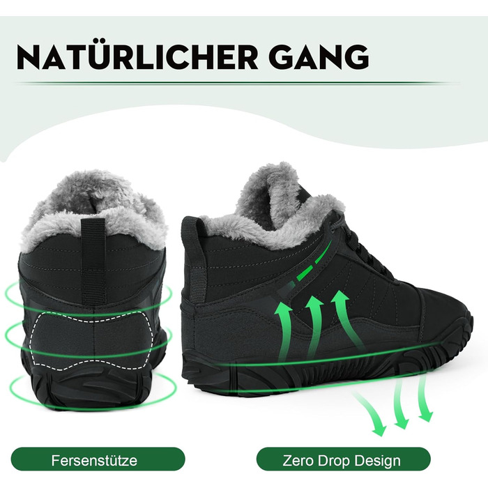 Черевики для трейлраннінгу Ruyi Barfußschuhe Winter Warm - теплий зимовий варіант для жінок та чоловіків, водонепроникні, з неслизькою підошвою та широкою передньою частиною (W09 Темно-сірий, 44 EU)