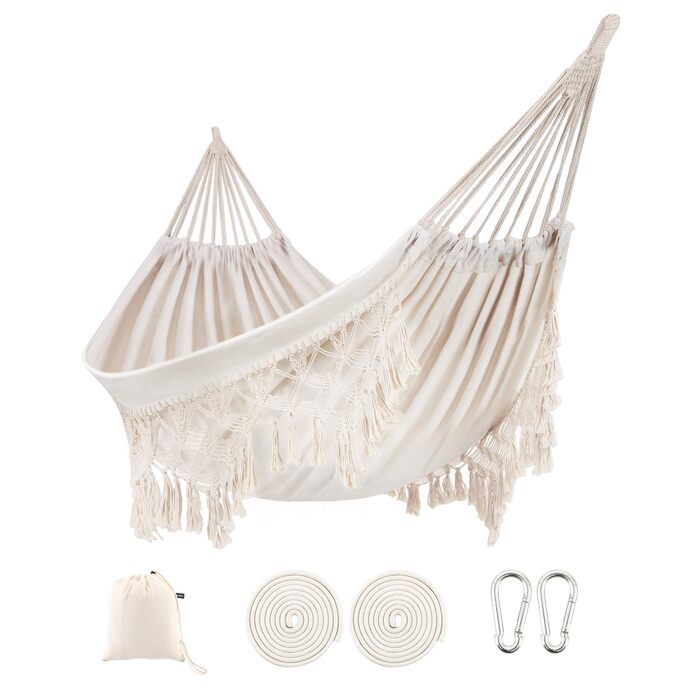 Гамак для двох з макраме бахромою, білий, бавовняний, Boho стиль, до 227 кг - для саду, веранди, подорожей