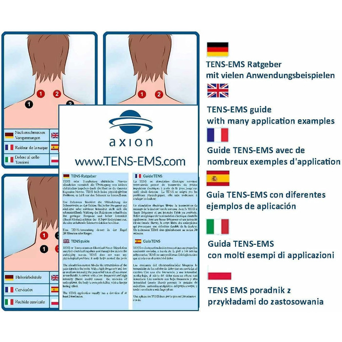 TENS EMS комбінований пристрій STIM-PRO X9+ з 8 електродних подушок 5x5 см для болісної терапії, масажу та м'язового стимулювання. Сертифікований медичний прилад axion®