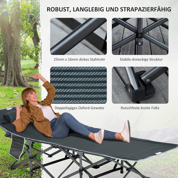 Розкладне туристичне ліжко Outsunny з подушкою та кишенею, сіре, 188 x 64,5 x 53 см, до 150 кг
