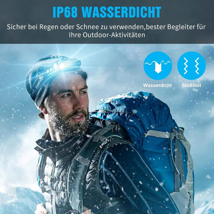 Ліхтар на голову LED TrustFire MC18 - 1200 Люмен, водонепроникний, 5 режимів, для бігу, з налобним ремінком, синій/чорний