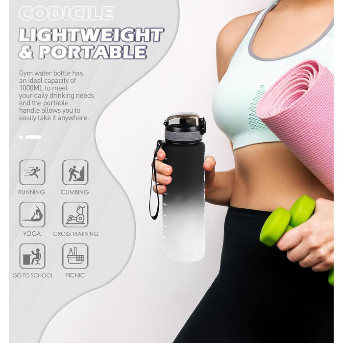 Водна пляшка CodiCile 1л зі трубочкою, спортивна, з маркуванням часу, чорно-сіра