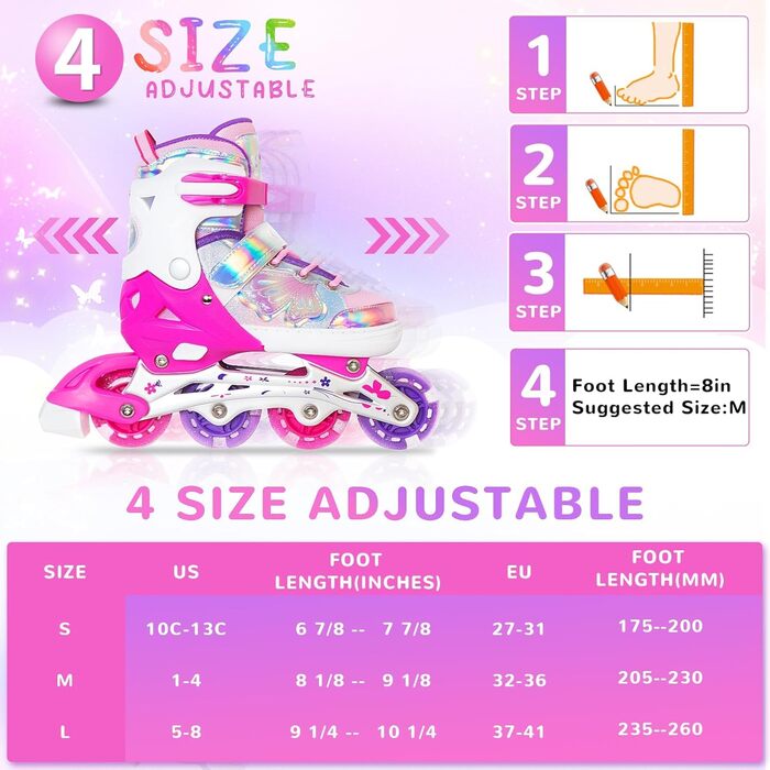 Дитячі ролики Nattork для дівчаток, регульовані, розмір 27-31 EU, рожеві, з бабочками