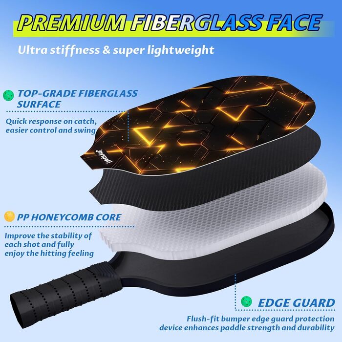 Набір для піклболу JOY SPOT! 2 ракетки + 4 м'ячі + сумка – Легкі ракетки з скловолокном для чоловіків, жінок та початківців – Для гри в приміщенні та на вулиці (Lava)