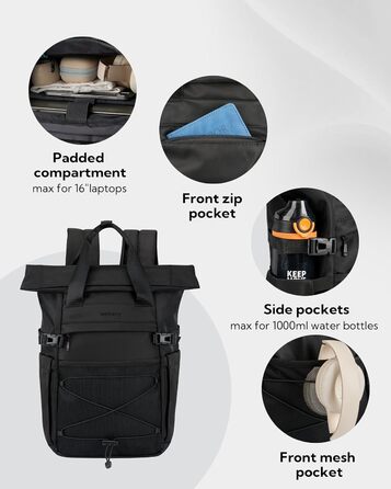 Рюкзак WATERFLY Rolltop 16-21л для чоловіків і жінок, стильний міський рюкзак із відділенням для ноутбука 16