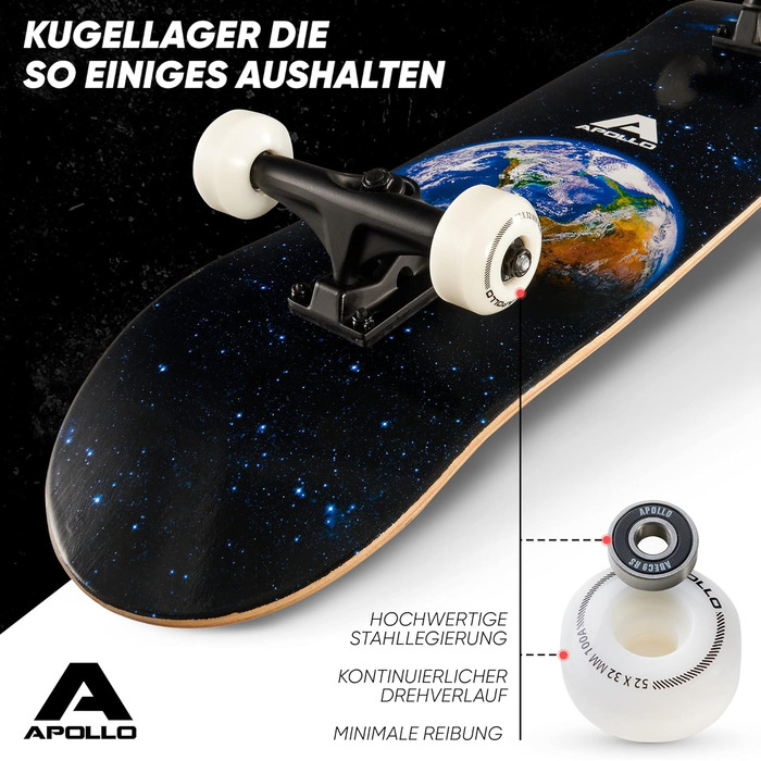 Скейтборд Apollo Earth для дітей і дорослих, 7 шарів, ABEC-7, середній конкейв, стильний дизайн