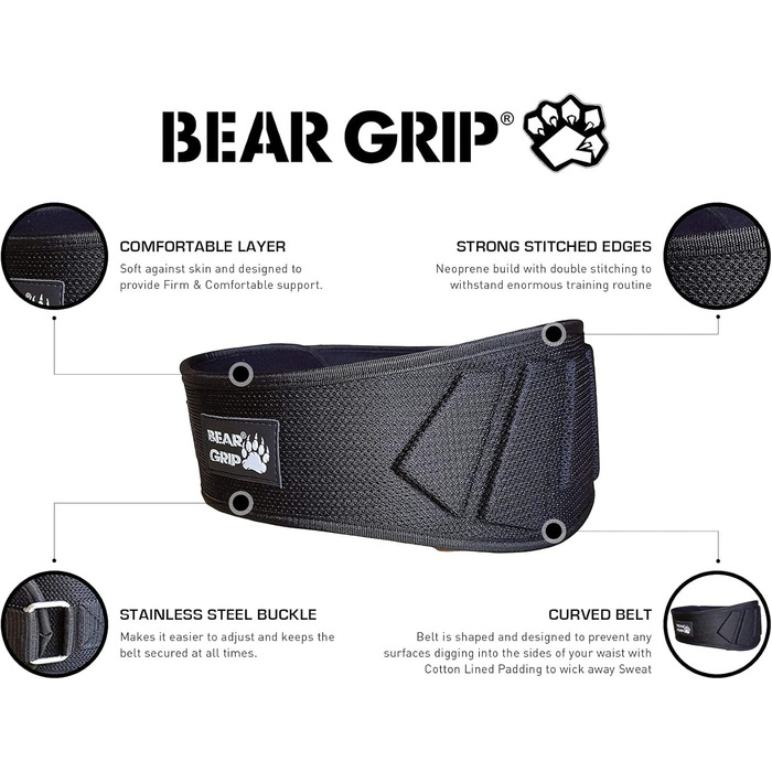 Пояс для важкої атлетики BEAR GRIP, неопреновий, вигнутий, з підтримкою спини та попереку, для фітнесу та бодібілдингу, чорний, XL