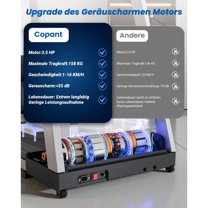 Складне бігове доріжки для дому Klappbar 16 km/h, Walking Pad Foldable з нахилом 6%, бігове доріжки 158 KG велика площа бігу 112 * 42cm, бігове доріжки тихе для дому та офісу (Срібно-Чорний)