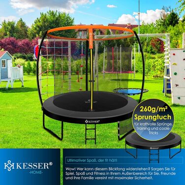 Трамплін KESSER® Ø 244/305/366/427 см | Сертифікований TÜV Rheinland GS | Садовий трамплін для дітей до 150 кг | Комплект з сіткою безпеки (244 см, Оранжевий / Антрацит)