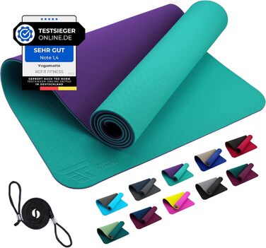 Килимок для йоги GeckoGrip Perfect-Fit 190x60x0.6 см TPE Sensi-Plus: Нековзний, екологічний, з ременем - для гімнастики та спорту (бірюзовий/ліловий)