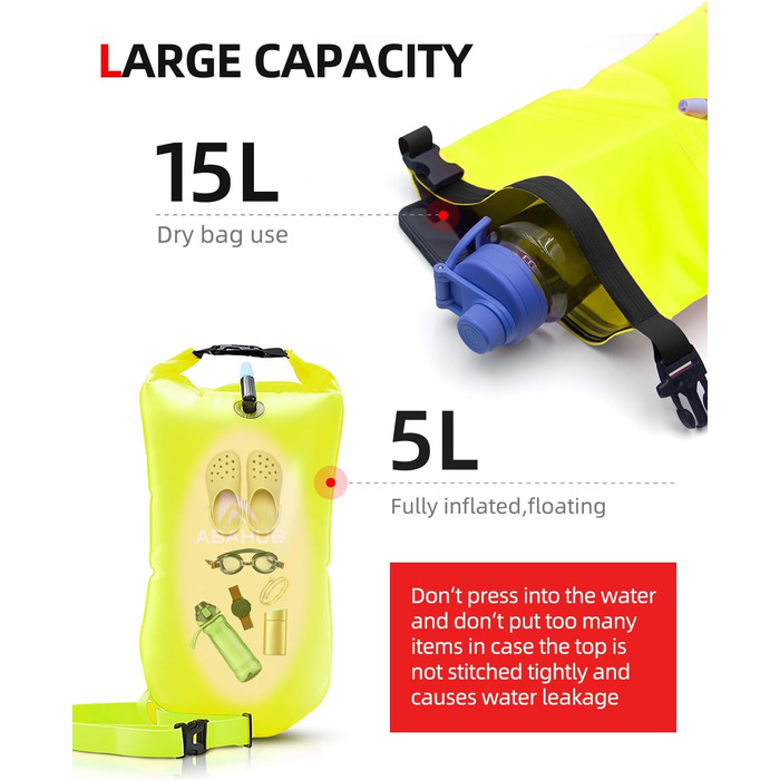 Плавальний буй Abahub з герметичним мішком (Dry Bag) для swimmers у відкритій воді, 15 л, зелений — водонепроникна допомога при плаванні з сигнальним свистком