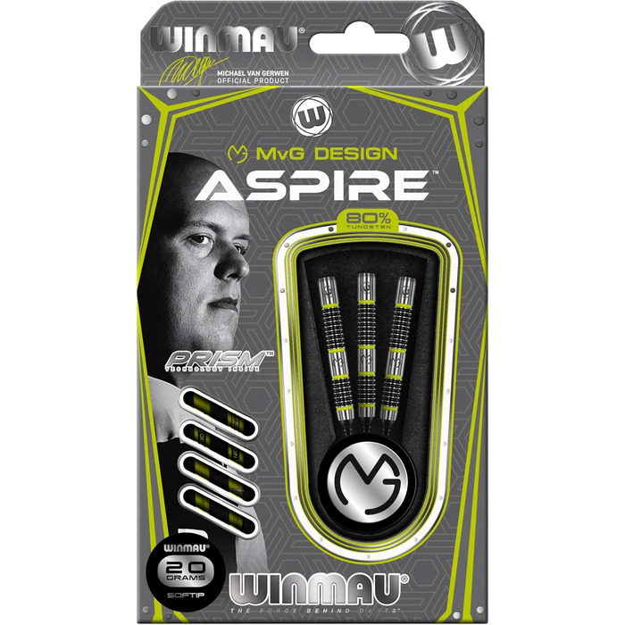 Дротики WINMAU Michael Van Gerwen Aspire 20 г, професійні, вольфрамові, для софттипу, з оперенням та стержнями