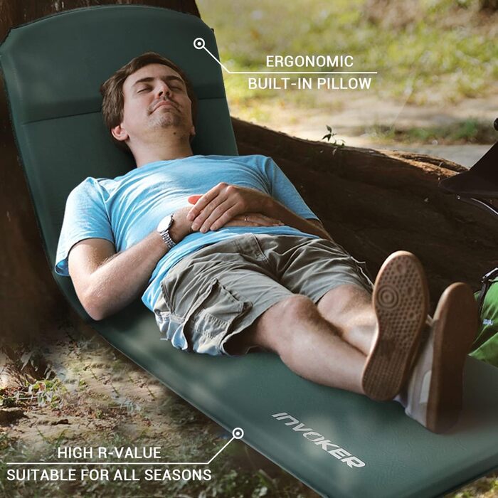 Саморозкладана туристична матрац для кемпінгу з memory foam, з вбудованим подушкам, 8 см, зелений