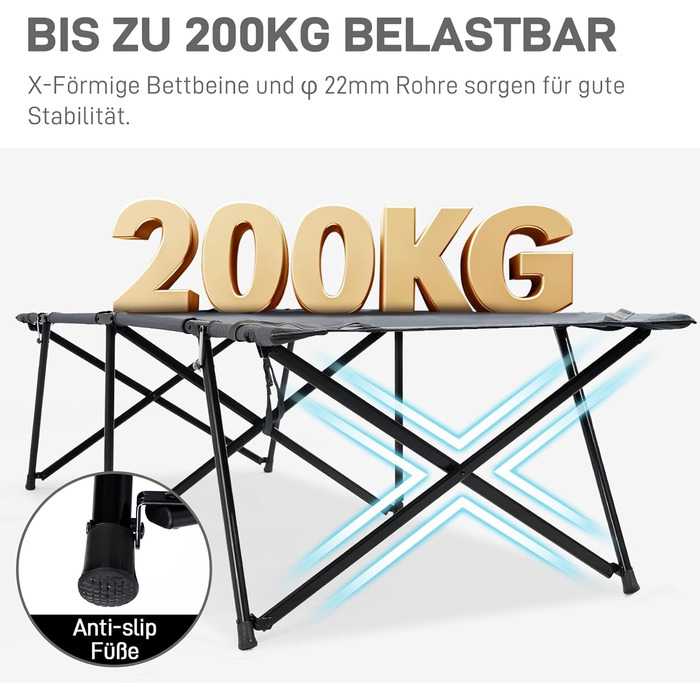 Розкладне ліжко EVER ADVANCED для кемпінгу XXL, 200 кг, сіре. Стабільне, портативне, з кишенею. Для відпочинку на природі, вдома та в саду.