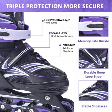 Дитячі ролики ERAN з регулюванням розміру. Роликові ковзани, регульовані на 4 розміри для дівчаток/хлопчиків/дітей, для використання в приміщенні та на вулиці, фіолетовий колір