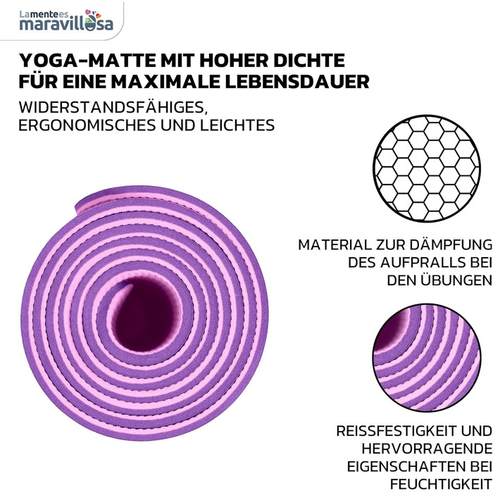 Килимок для гімнастики та йоги LA MENTE ES MARAVILLOSA: протиковзкий, TPE, 183x61 см, з сумкою та інструкцією, для фітнесу, пілатесу, indoor/outdoor, фіолетовий/рожевий