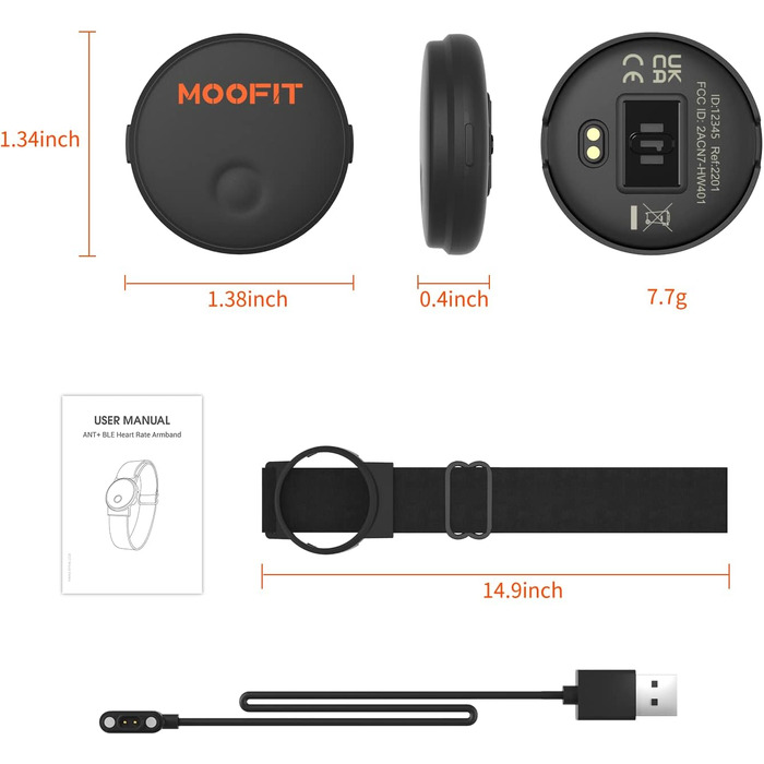 Пульсометр Moofit HW401 з нагрудним датчиком, Bluetooth/ANT+, водонепроникний IP67, сумісний з Wahoo, Strava