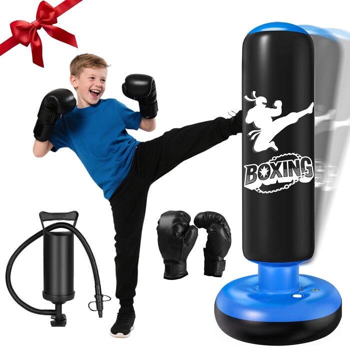 Дитячий боксерський мішок Ninonly з рукавичками, 160 см, посилений PVC, для карате, таеквондо, чорний та синій