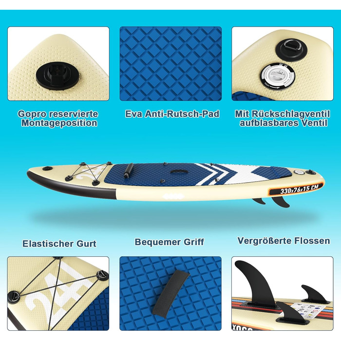 Надувний SUP Борд Devoko для SUP, каякінгу, риболовлі та йоги, 330x76x15 см, до 130 кг, з аксесуарами, бежевий