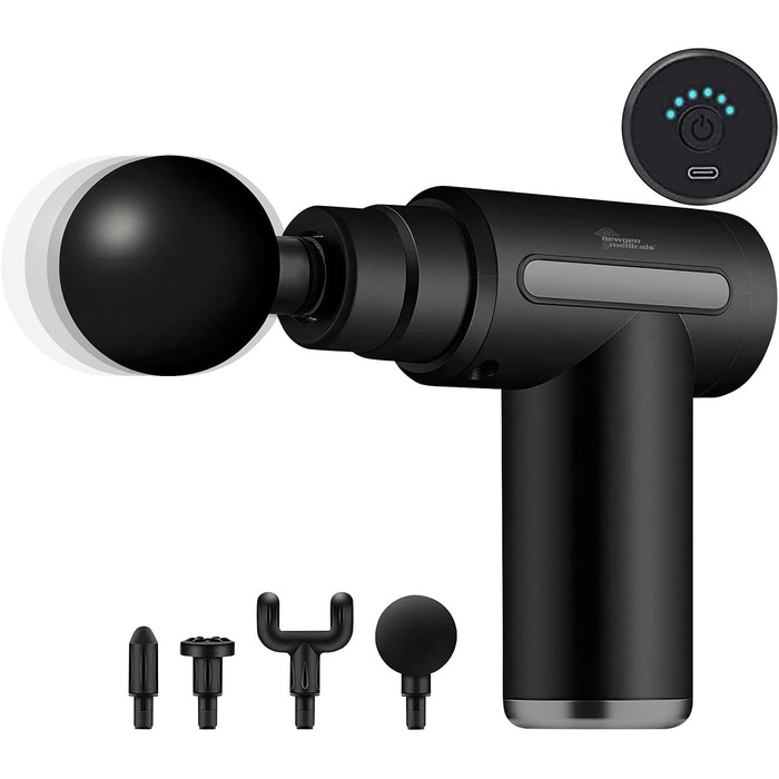 Масажний пістолет Newgen Medicals: Компактний акумуляторний масажер для рук з 4 насадками, 6 рівнів, USB-C, 30W