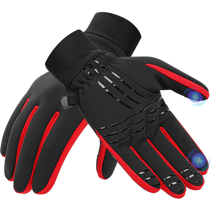 Зимові рукавички для катання на лижах та велосипеді з сенсорним екраном, Winddicht, теплі, WF709, зелені (чорно-червоні), розмір S