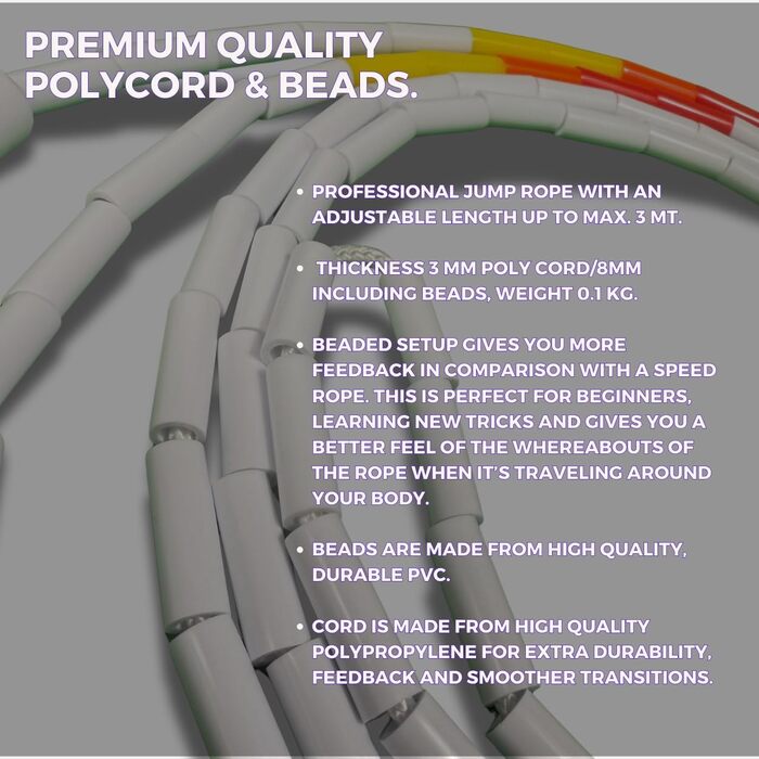 Стрибкова скакалка Elevate Beaded - професійна з регульованою довжиною до 3 м, товщина шнура 3 мм, вага 0.1 кг. (Білий/Жовтий/Помаранчевий/Червоний)