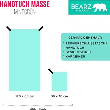 Набір рушників BEARZ Outdoor з мікрофібри (120x60см + рушник для обличчя) - легкі пляжні рушники, швидковисихаючі, для подорожей, спорту, кемпінгу, фітнесу, блакитний (м'ятний)