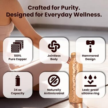 Куперна пляшка для води, 1000 мл, з кришкою та сумкою, витікає захищена, для йоги та офісу (1 шт., натуральний мідь)