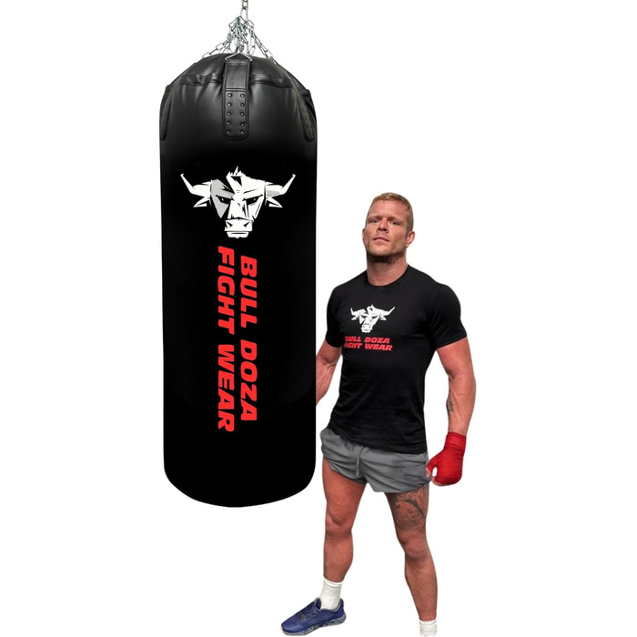 BULL DOZA FIGHT WEAR самонаповнюваний боксерський мішок XL 4FT, для MMA, боксу, кікбоксингу, Муай Тай, тхеквондо, з підвісними ланцюгами, карабіном, чорний, для єдиноборств