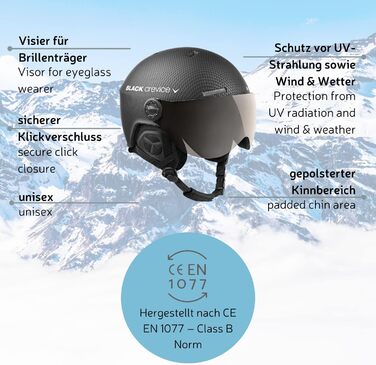 Лижний шолом Black Crevice Gstaad з візором, пілотний стиль, для чоловіків і жінок, полікарбонат, регульований розмір S/M, чорний/синій, дихаючий