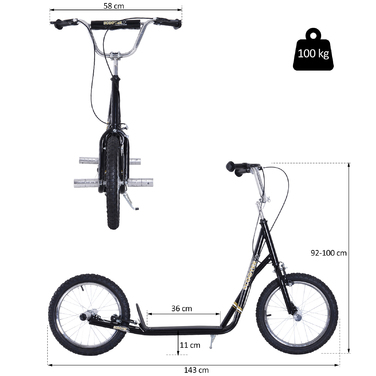 Дитячий самокат HOMCOM з пневматичними шинами Kickscooter Scooter Kick Scooter City Scooter для дітей Kickboard 16 дюймів від 5 років Регульований по висоті чорний | Аосом