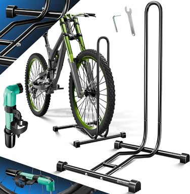 Підставка для велосипеда KESSER® для MTB, E-Bike, Citybike, шосе, з повітряним насосом | Рейс-стійка, для шини до 65мм | Чорний колір
