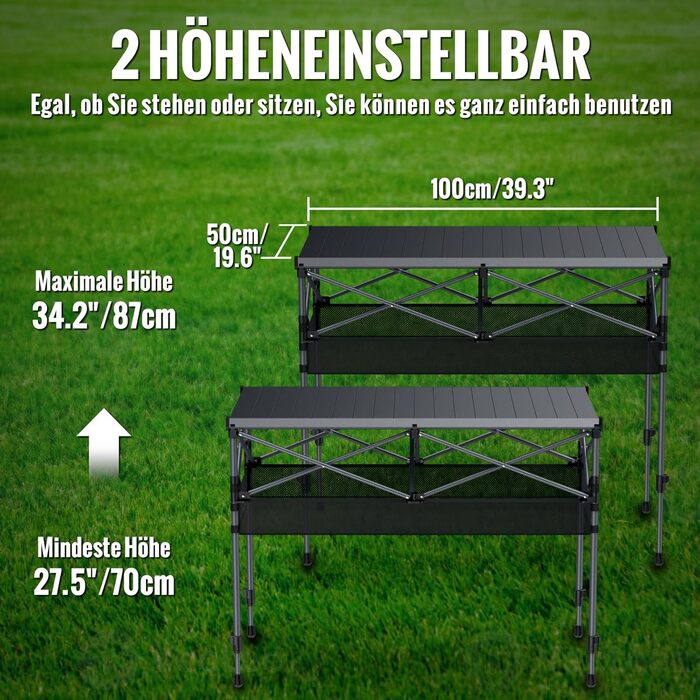 Складний туристичний стіл GARLLEN 100x50 см, 2 положення висоти (70/87 см), з розкатною стільницею, сталевий, для пікніка, грилю, саду, включно з сумкою