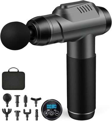 Масажер для м'язів, пістолет для масажу з 99 швидкостями та 8 насадок, до 9800U/min, амплітуда 14 мм, LED-дисплей, 35 dB, для розслаблення спини та плечей, чорний