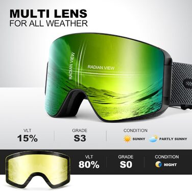 Одаленд Скі-маска для жінок та чоловіків, дітей. Снігові окуляри з антитуманним покриттям, захистом від УФ-випромінювання, магнітними змінними лінзами. Сумісні з шоломом для сноубордингу та катання на лижах. Чорний колір. VLT 8.8% (золоті лінзи — VLT 15%)