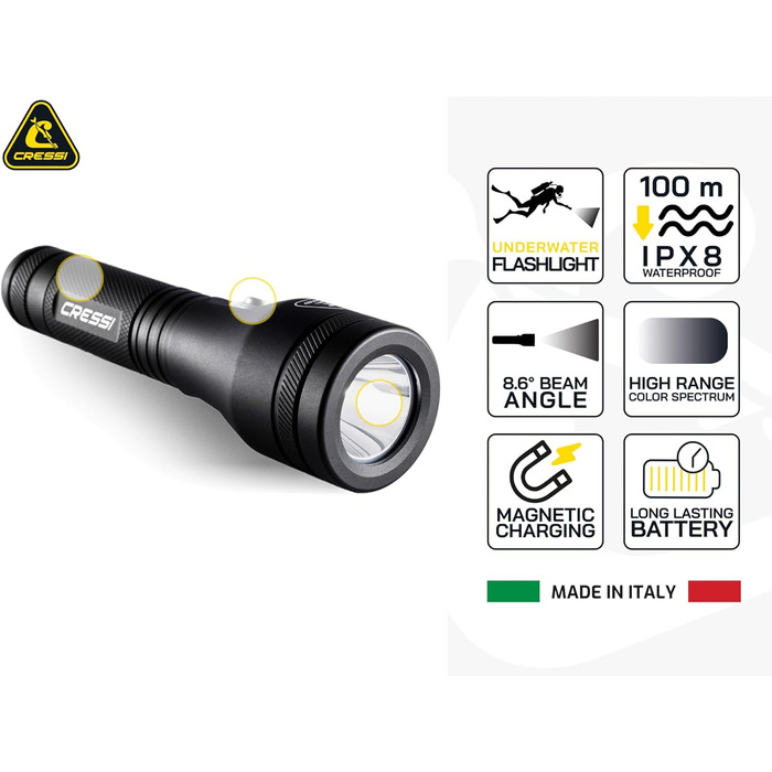 Ліхтар Cressi Astra Black - потужний водонепроникний ліхтар LED для дайвінгу, риболовлі та підводних досліджень (1200 Lumen)