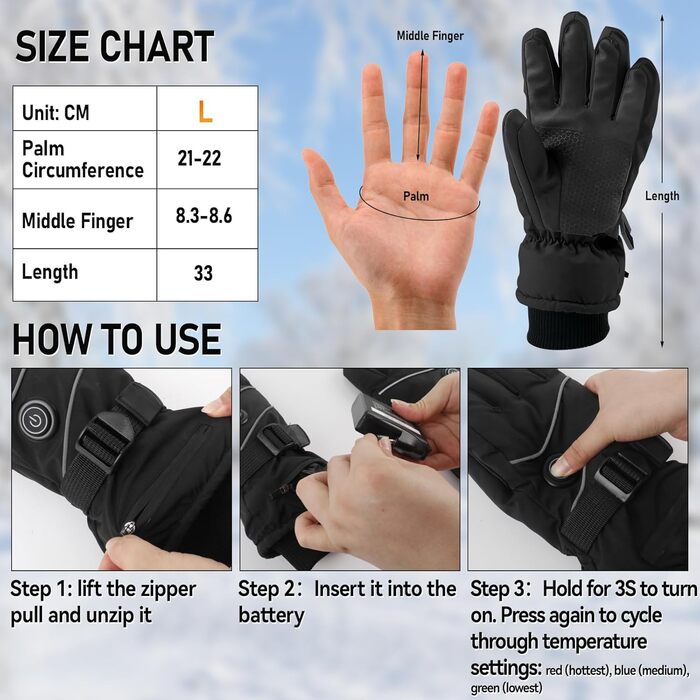 Електричні грілки для рук для чоловіків та жінок, 7.4V 5000mAh/6000mAh, акумуляторні, сенсорний екран, 3 режими 45/50/55°C, антиковзні, для катання на велосипеді, лижах, кемпінгу, чорні